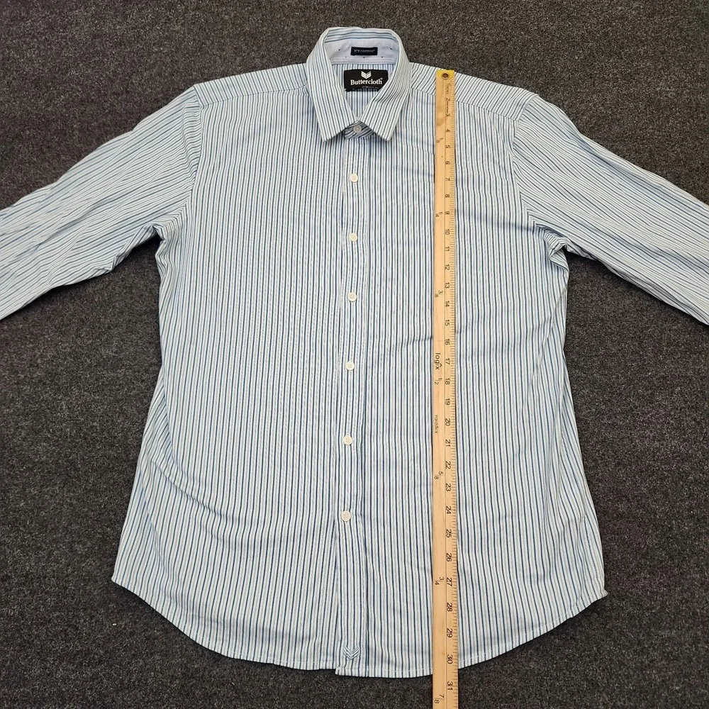 Buttercloth Mens Large Blue White Striped Icy Cotton Regular Fit Button Up Shirt